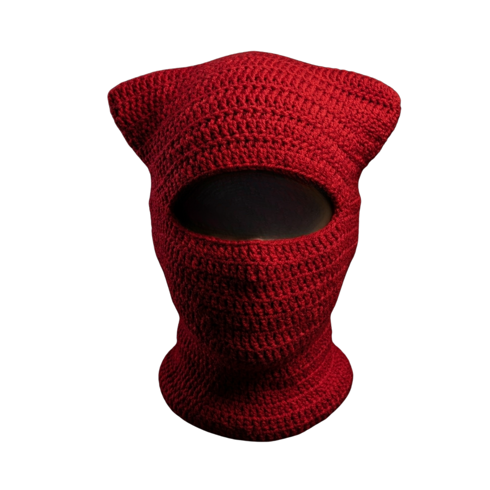 Red knitted mask artwork for SLOWLY